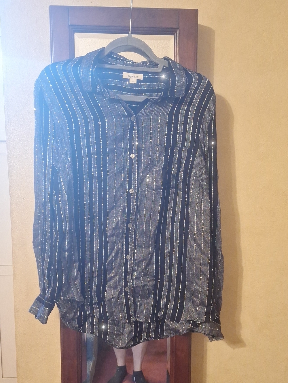 Style & Co. Black Button-Down Shirt with Silver Metallic Stripes Size M